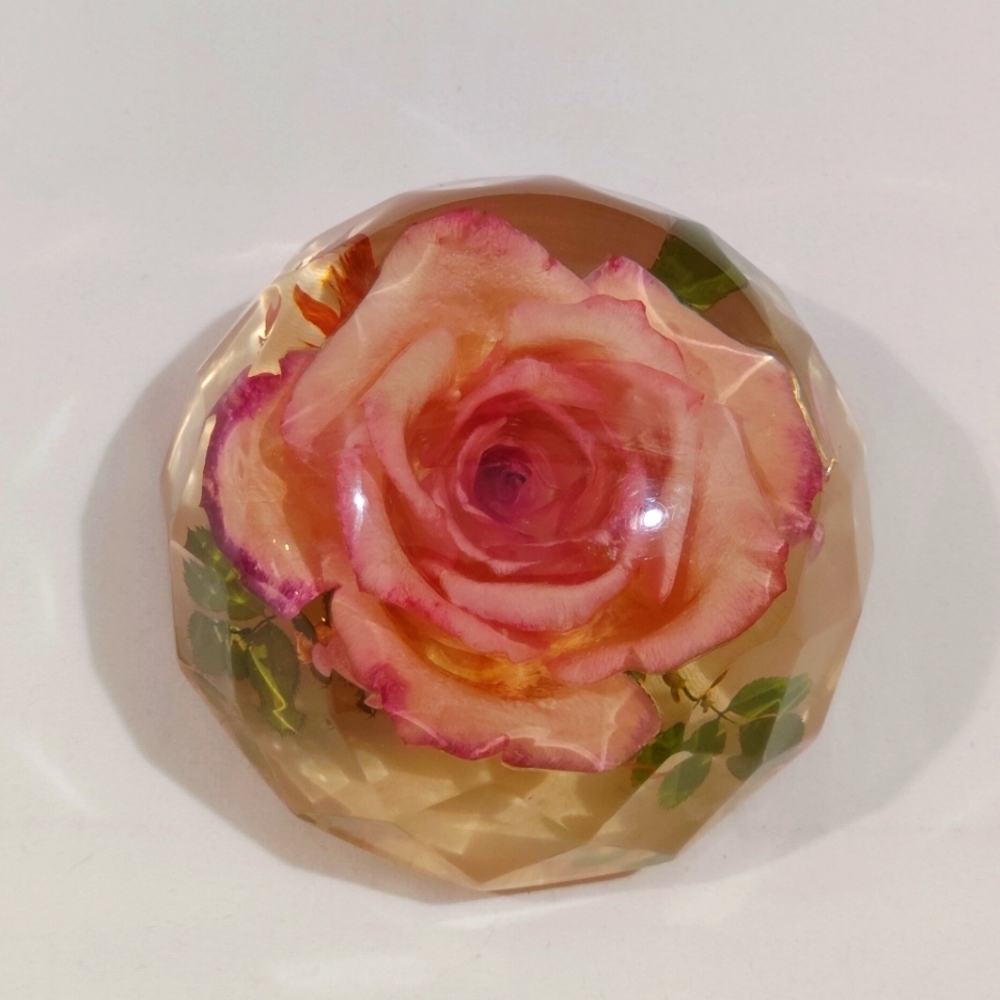 Vintage Rolfe Signed Rose Paperweight Real Flower Preserved Lucite Acrylic Facet - Picture 6 of 15